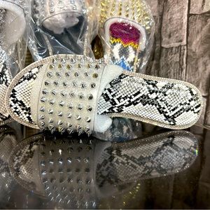 Rhinestone Spike Black & White snake print Sandals